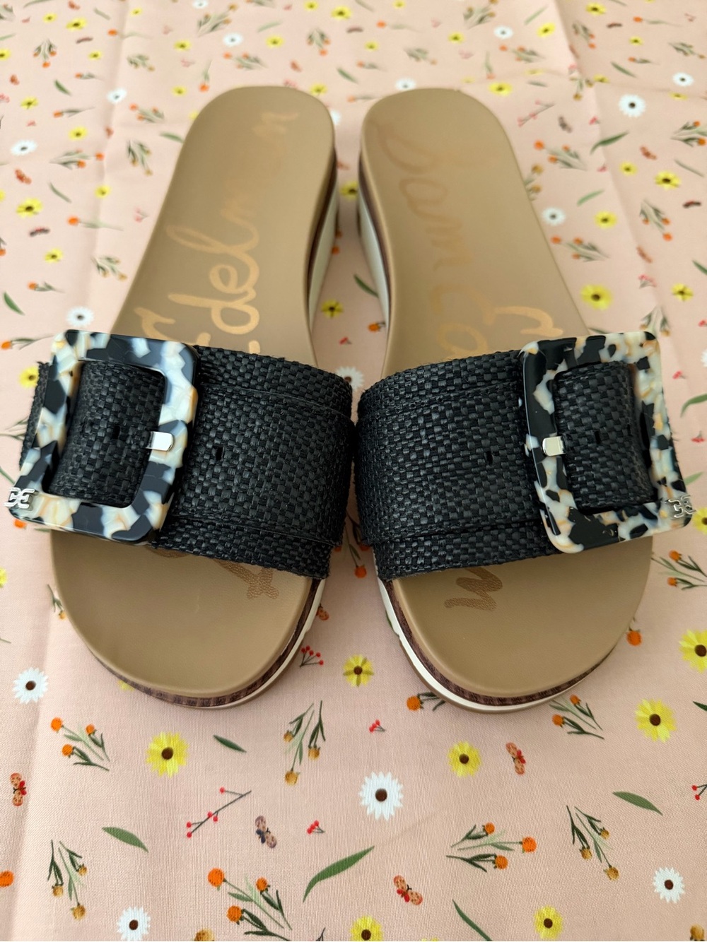 Sam Edelman Black Woven Slide Sandals with Tortoiseshell Buckles - Picture 1 of 3